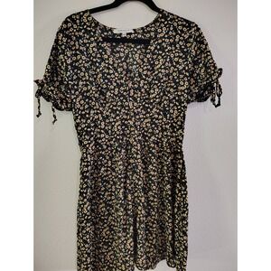 Purple Snow Black Floral Daisy Print V-Neck Button Front Mini Dress Large